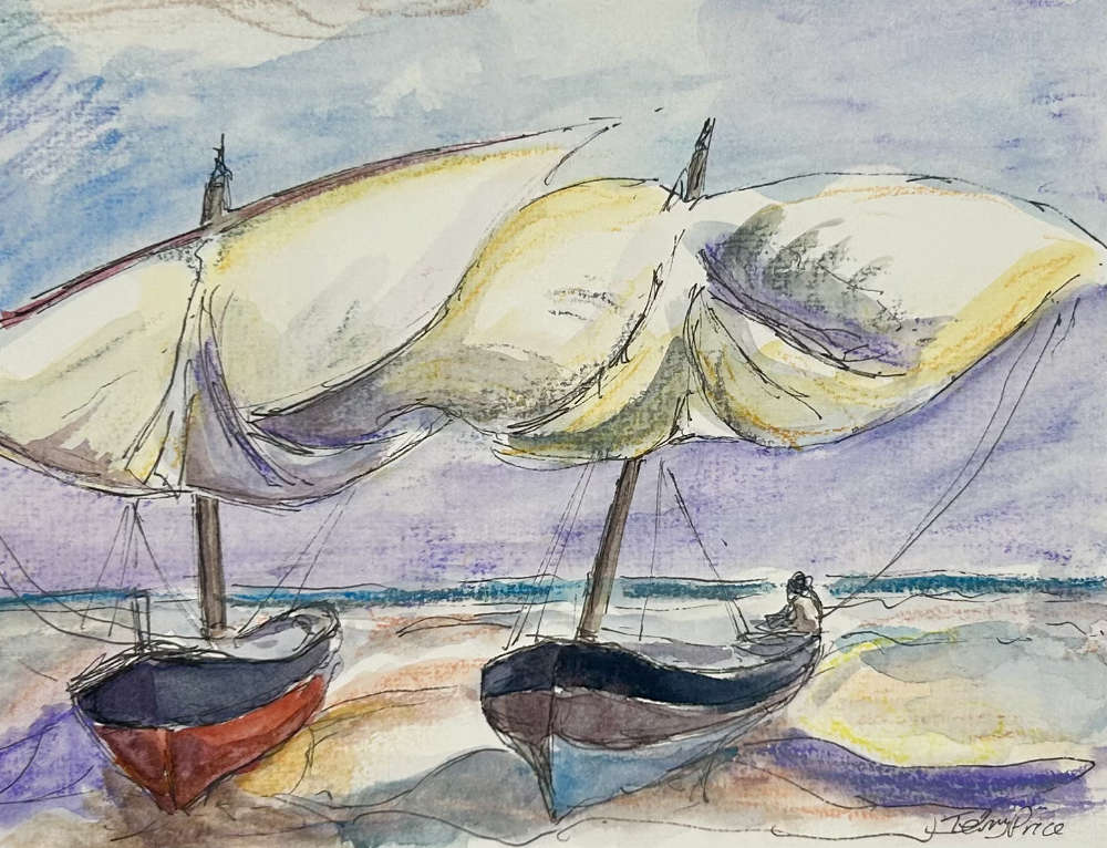 Two sailing boats on the shore (watercolour)